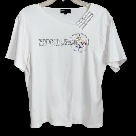 Pittsburg Steelers Sparkle Logo Knit Top Womens XL White Faux Jewel Detail Fan - Picture 1 of 11